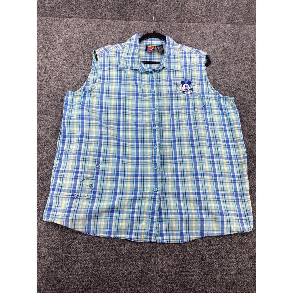 Mickey Unlimited Plaid Sleeveless Shirt Womens 18W/20W Blue Mickey Mouse Cotton